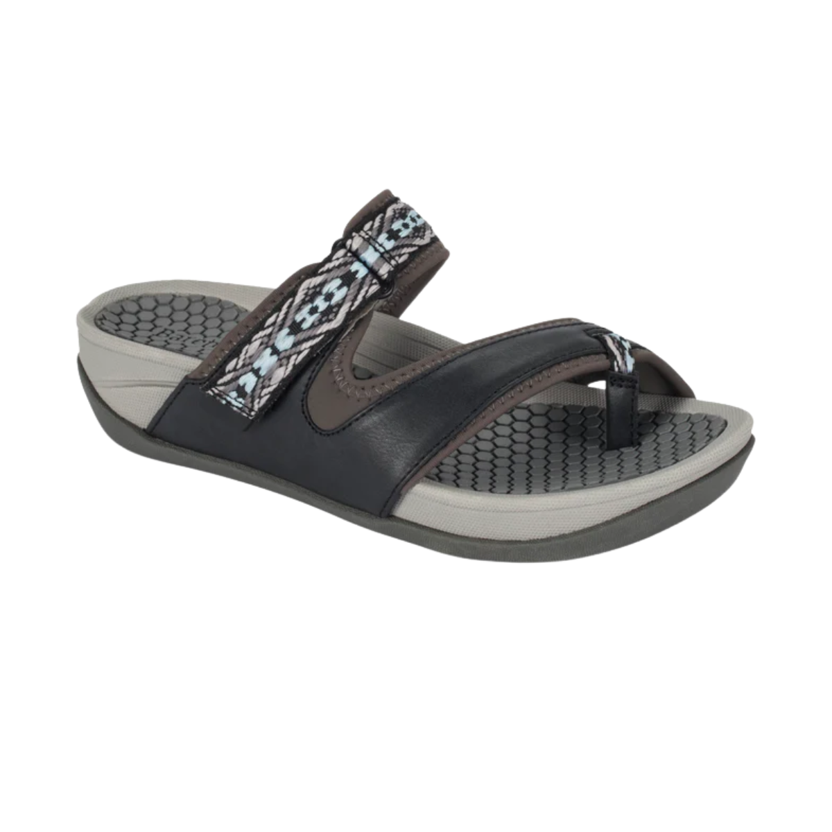 The baretraps Deserae Slide Sandals feature black and gray patterned straps, a textured footbed, and a slip-on design—perfect for casual comfort women will love.