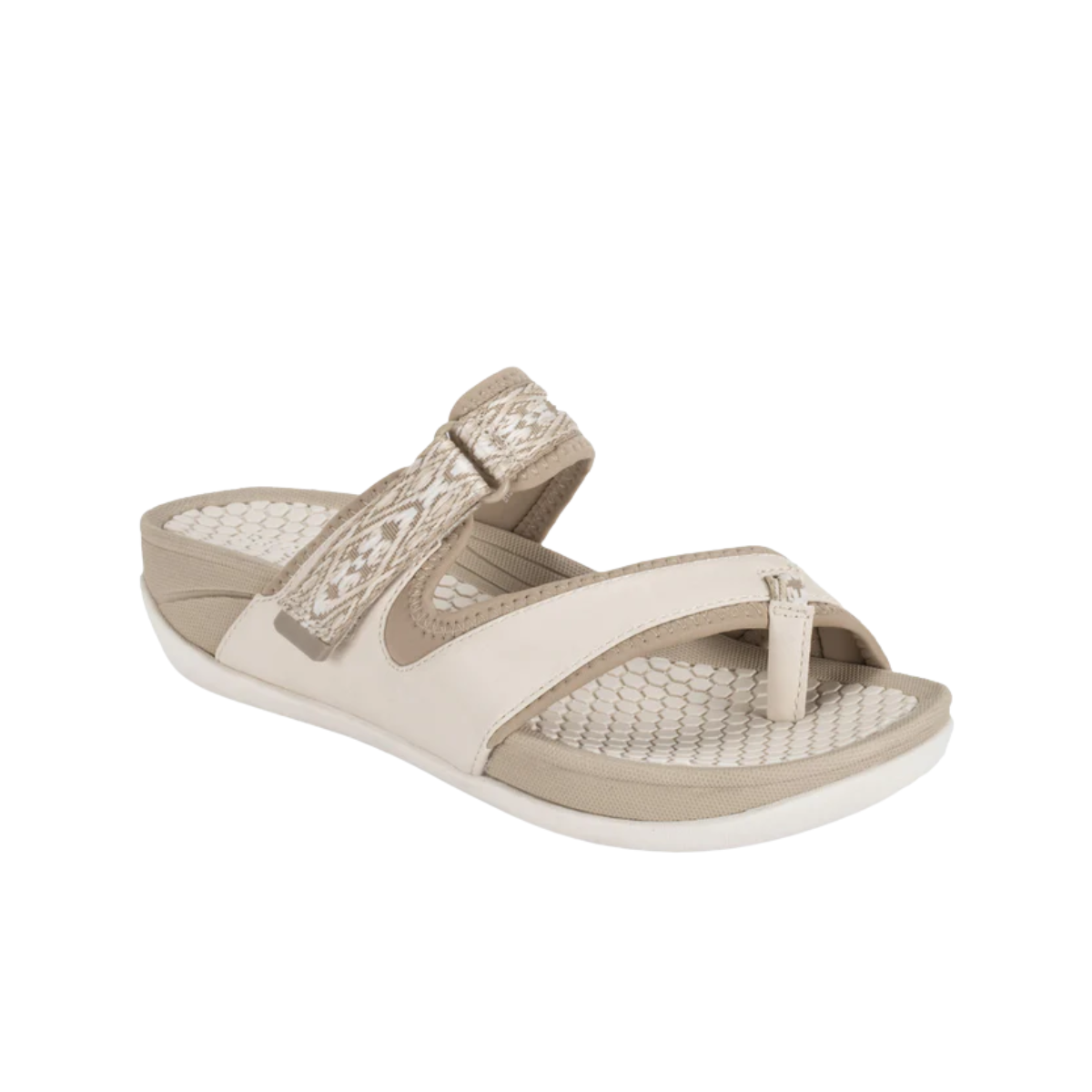 Baretraps Deserae Slide Sandals in beige and white feature a textured sole, open toe, adjustable strap, and patterned fabric accent—designed for comfort women love.