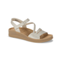 The baretraps Flicka Sandal features a beige low wedge heel, open toe, braided front strap, and adjustable ankle strap. This cushioned comfort sandal is ideal for all-day wear and is shown on a white background.