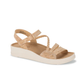 The baretraps Flicka Sandal features a beige cork texture, three straps including one braided, a low platform sole, and cushioned comfort. Enjoy easy slip-on style for all-day wear.