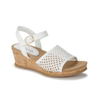 Step into cushioned comfort with baretraps Fernelle Low Wedge Sandals, featuring a woven front strap, adjustable ankle buckle, and a chic cork-textured sole.