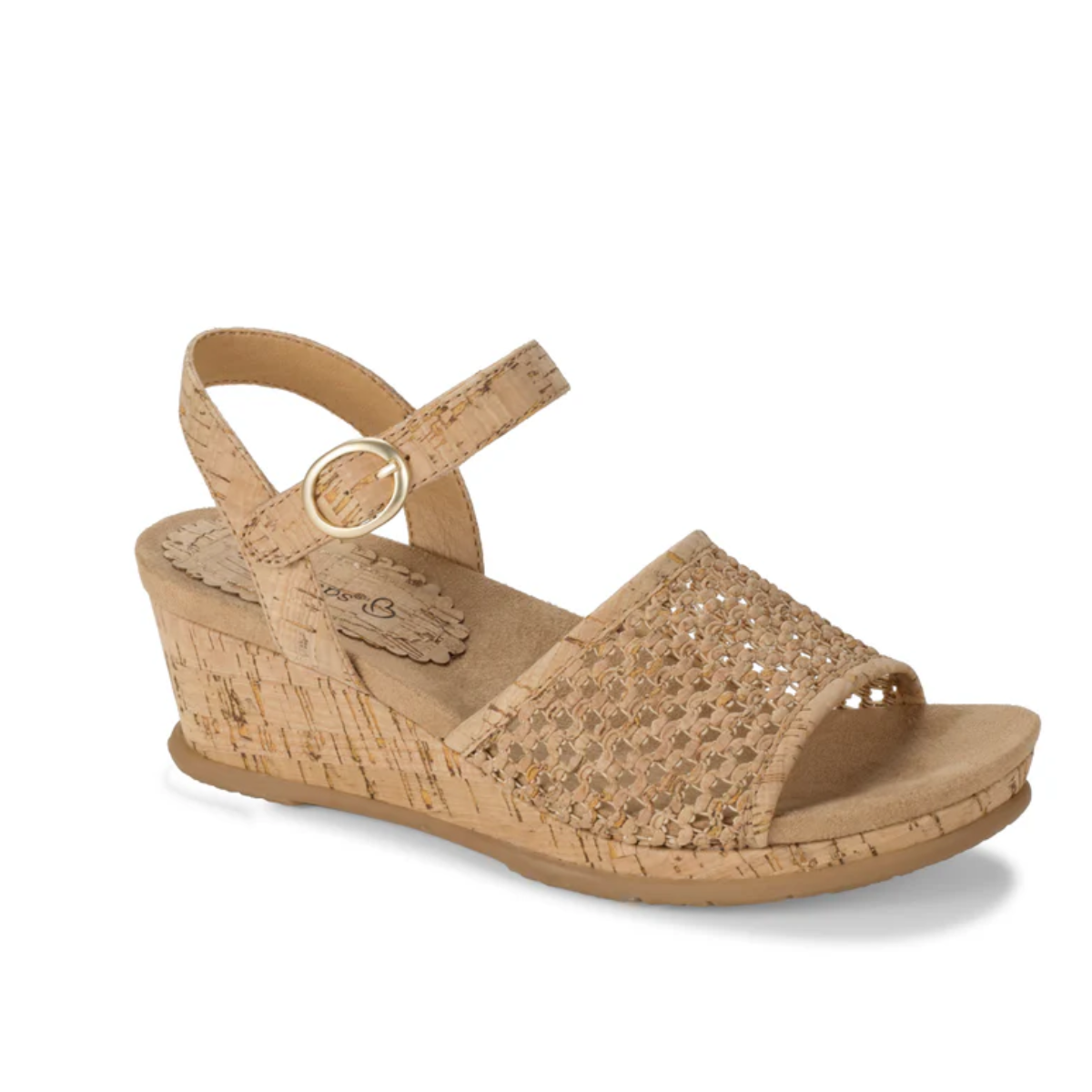 The Fernelle Low Wedge Sandals by baretraps feature a cork-textured sole, woven toe strap, open toe design, and adjustable ankle strap with gold buckle for cushioned comfort.
