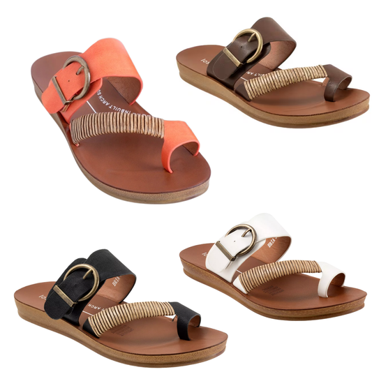 Four pairs of Los Cabos Bria Sandals with leather straps and buckles, shown in orange, brown, black, and white—ideal for summer or pairing with a woven bamboo wrap.