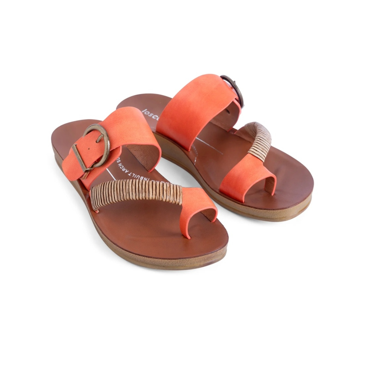 The Los Cabos Bria Sandals feature orange and brown hues, a buckle strap, and a decorative front band with stylish woven bamboo wrap detail—perfect summer footwear, displayed on a white background.