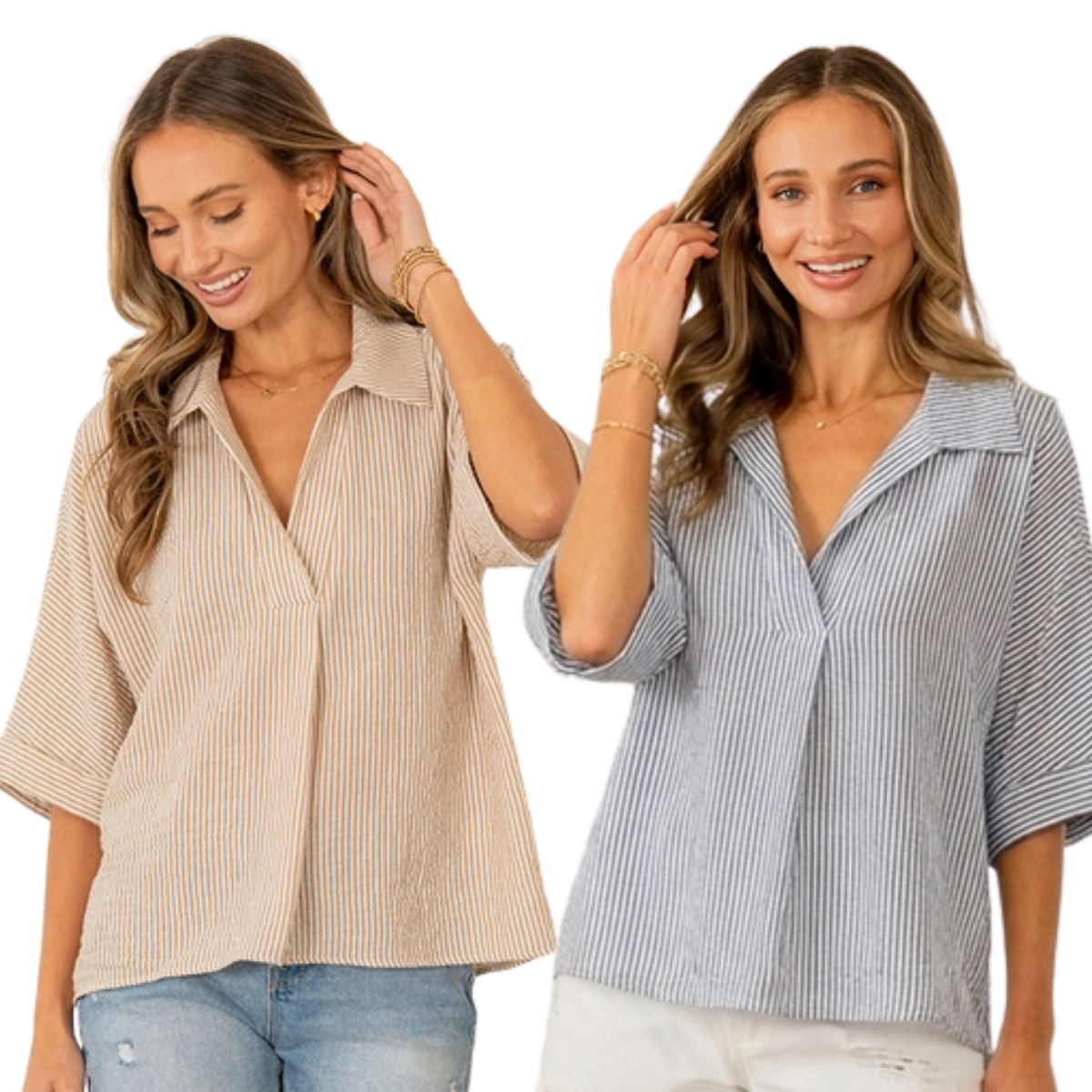 Two women smile side by side against a white background, each wearing the Sew In Love Relaxed Fit Collared V Notch Neck Striped Top—one in beige stripes, one in blue. Its lightweight fabric adds to their relaxed look. Main image