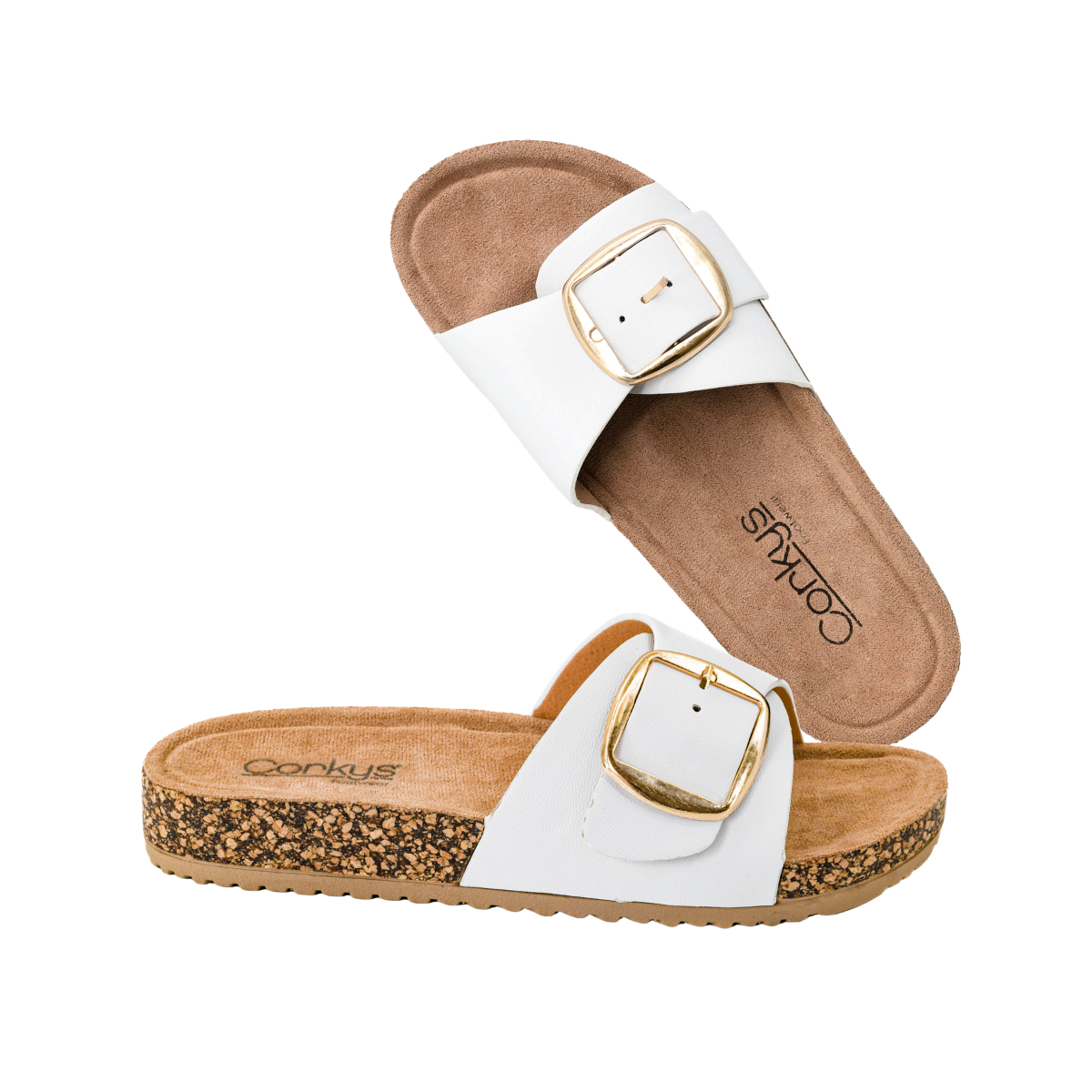 The Road Trip Buckle Slide Sandal by CORKY'S FOOTWEAR INC is a white slide sandal with a cork footbed, single wide strap, and large statement buckle, shown on a white background.