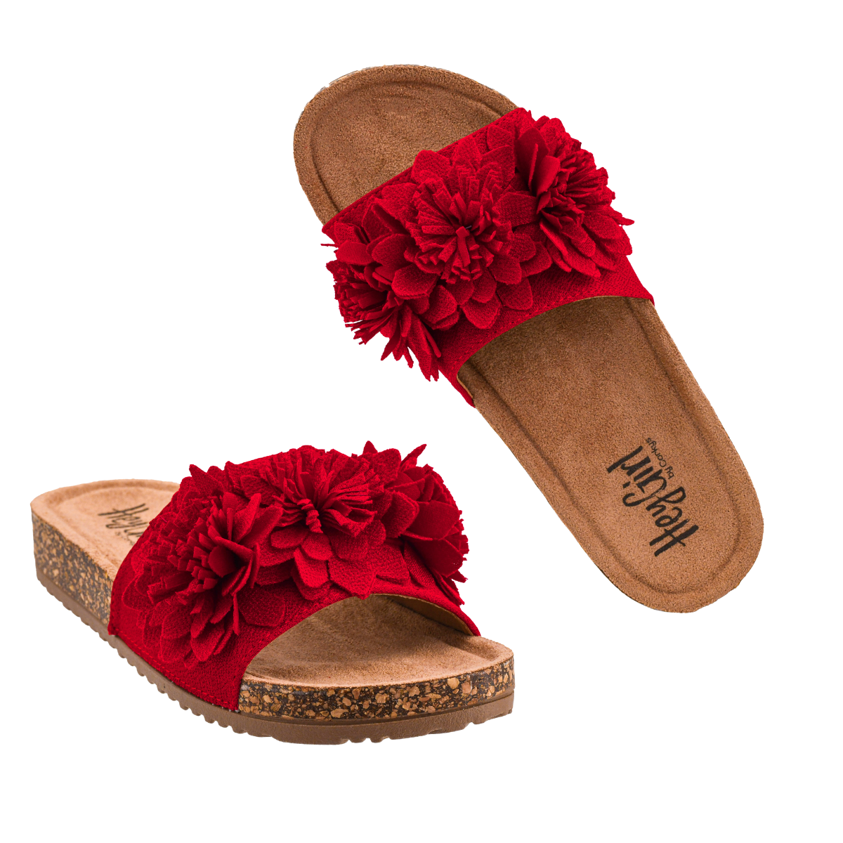 red Corky’s Wild Child slide sandal with floral embellishment and cork footbed Main image