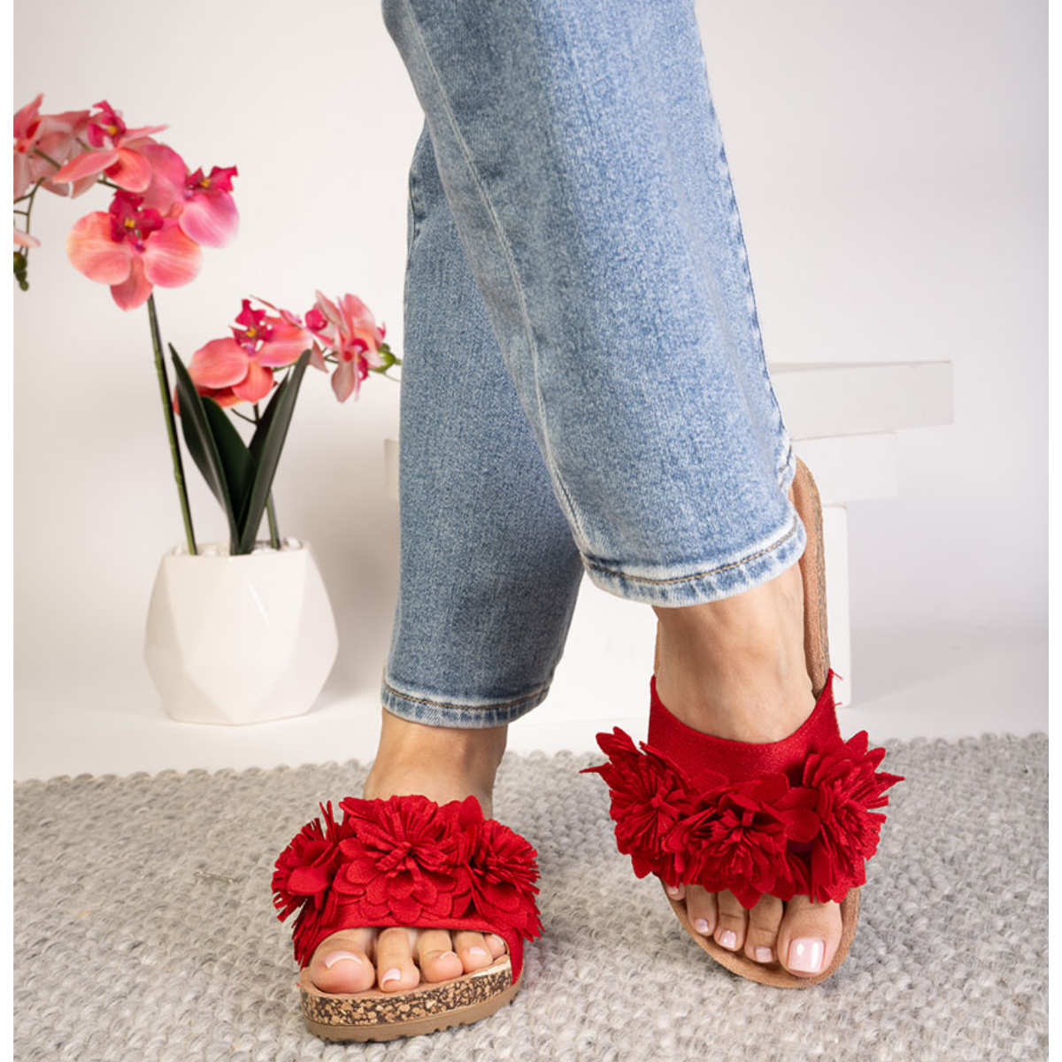 Wild Child Floral Slide Flat Sandal in Red Secondary image