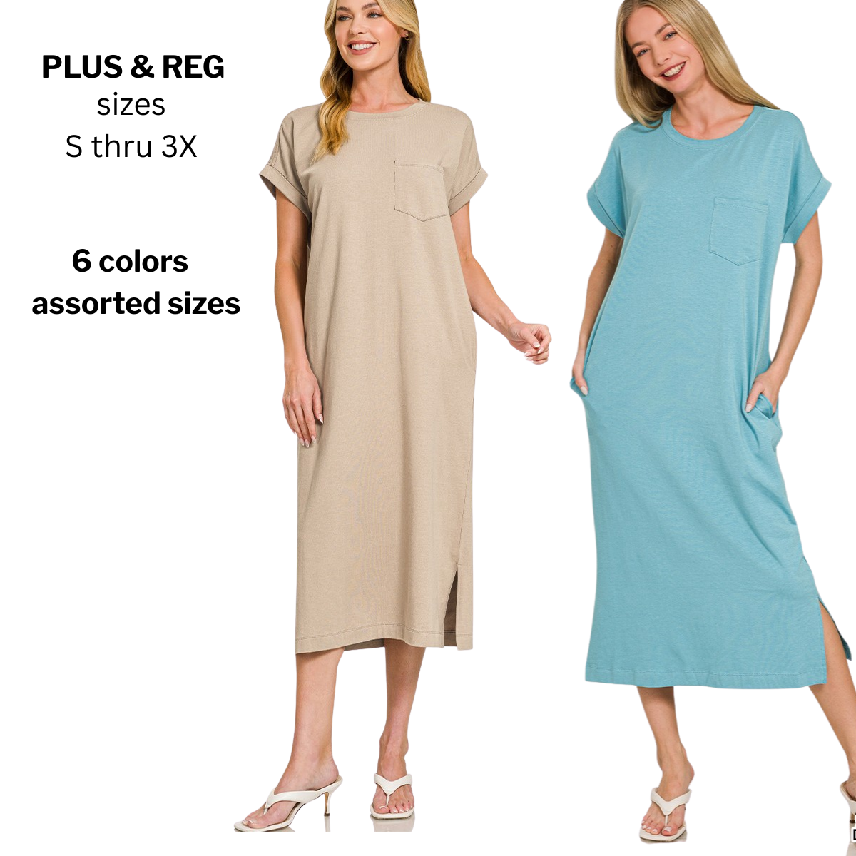 Two women wear Zenana Round Neck Short Sleeve Midi T-Shirt Dresses with pockets. Available in six colors and assorted sizes (S-3X), regular and plus. Main image