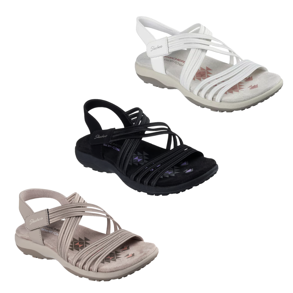 Three pairs of SKECHERS Reggae Slim Sunnyside strappy sandals in white, black, and beige, each with a cushioned footbed and thick sole for all-day comfort, are displayed on a white background. Main image