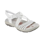 The SKECHERS Reggae Slim Sunnyside is a white sandal with multiple crisscross elastic straps, a closed heel Velcro strap, and a geometric cushioned footbed—ideal for comfortable summer wear.
