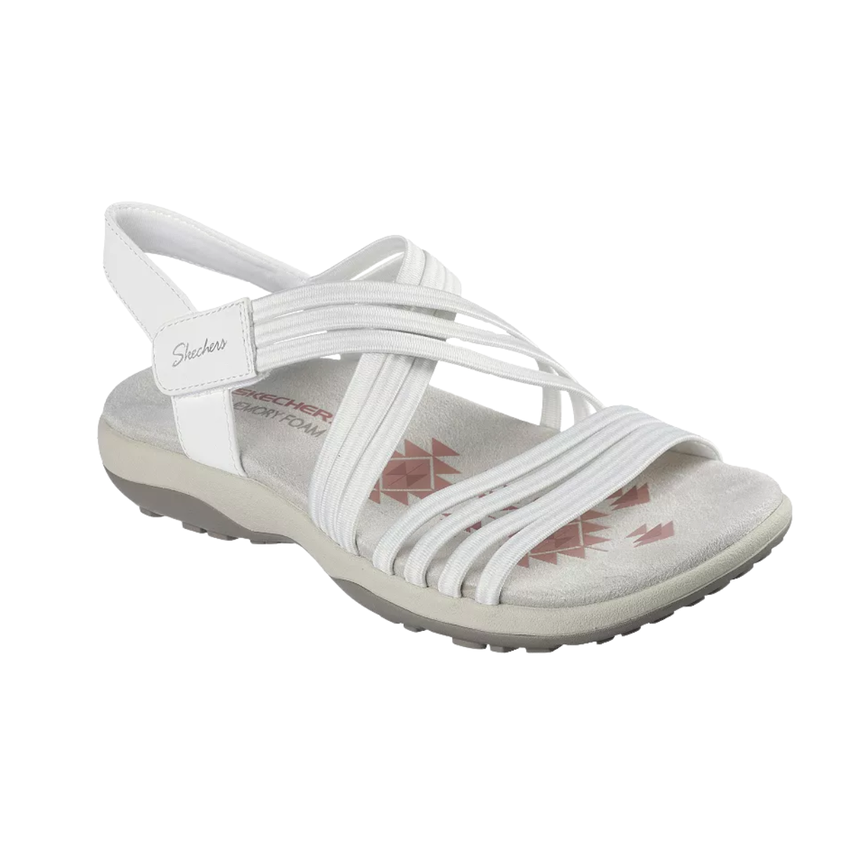 The SKECHERS Reggae Slim Sunnyside is a white sandal with multiple crisscross elastic straps, a closed heel Velcro strap, and a geometric cushioned footbed—ideal for comfortable summer wear.