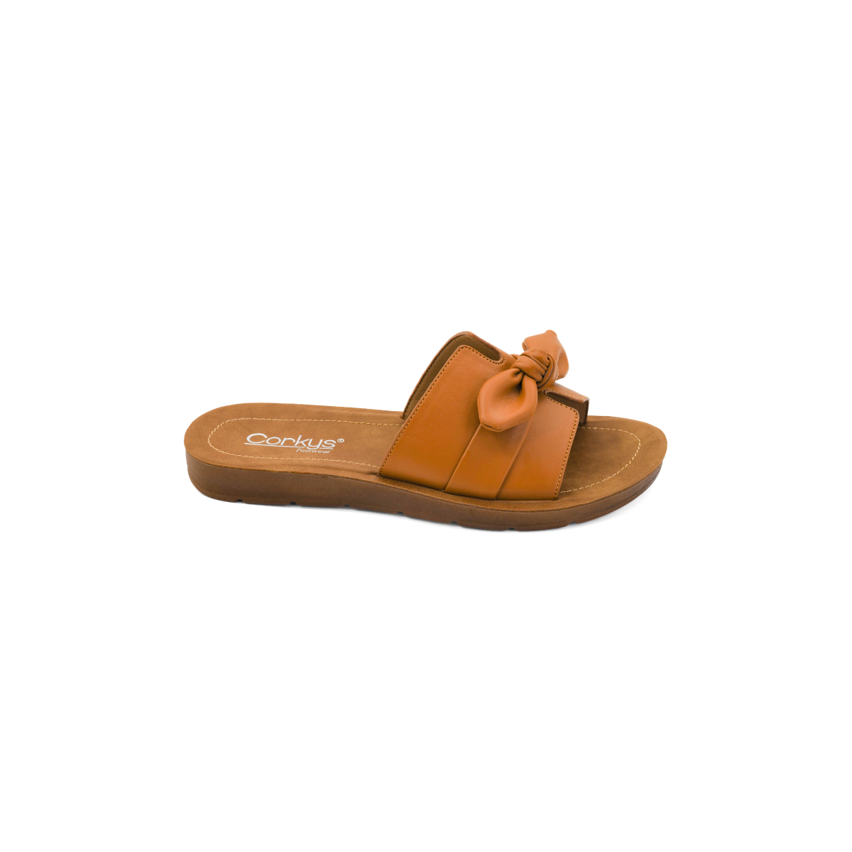 The Too Cute Flat Sandal in Cognac by CORKY'S FOOTWEAR INC features a knotted strap and cushioned comfort, shown as a single flat sandal on a white background. Main image