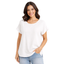 A woman smiles at the camera against a white background, wearing Pine Apparel’s Cotton Gauze Roll Cuff Tee in white and light blue jeans, with one hand in her pocket.