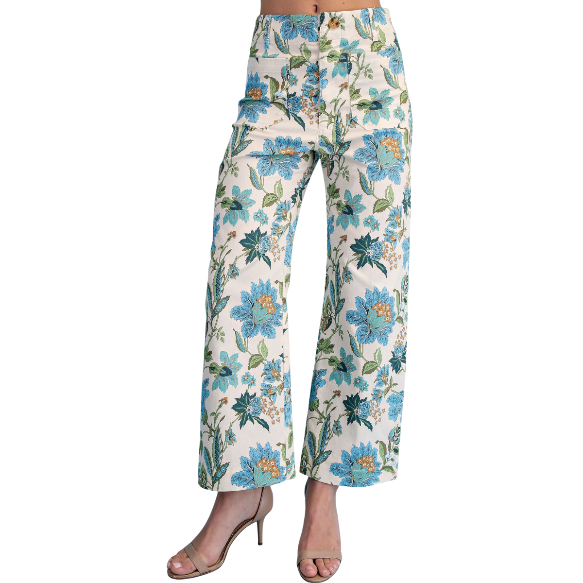 A woman wears FASHION GO Floral Ankle Cropped Pants featuring a high-waisted, wide-leg fit with a blue and yellow floral print, paired with open-toe heeled sandals. Main image