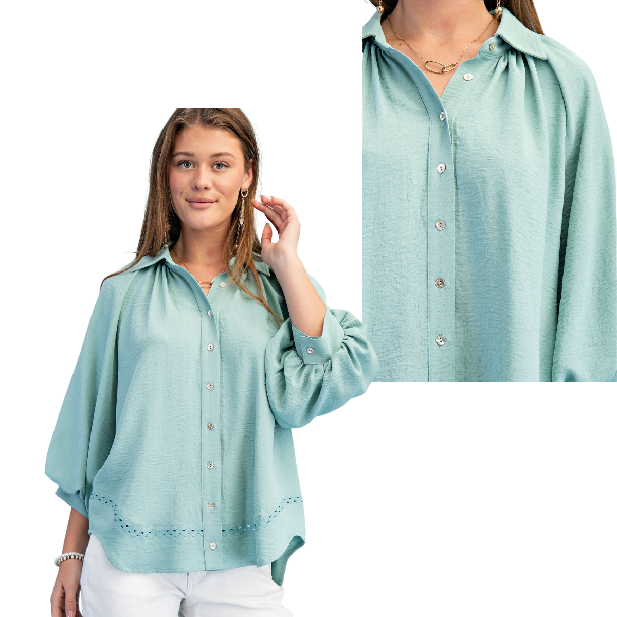 A woman wears the FASHION GO Balloon Sleeve Blouse in light teal with wavy hem and white pants; also shown is a close-up of the blouse’s fabric and buttons. Main image