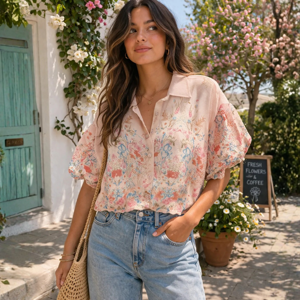A woman in a Pine Apparel Chiffon Embroidered Button Front Blouse and jeans stands outdoors near green doors and flowers, with a "Fresh flowers & coffee" sign visible in the background. Main image