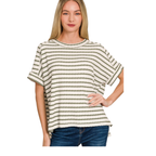 A woman wears the Zenana Stripe Jacquard Round-neck Box Tee—white and olive stripes, rolled cuffs, loose fit, hi-low hem—paired with blue jeans against a white background.