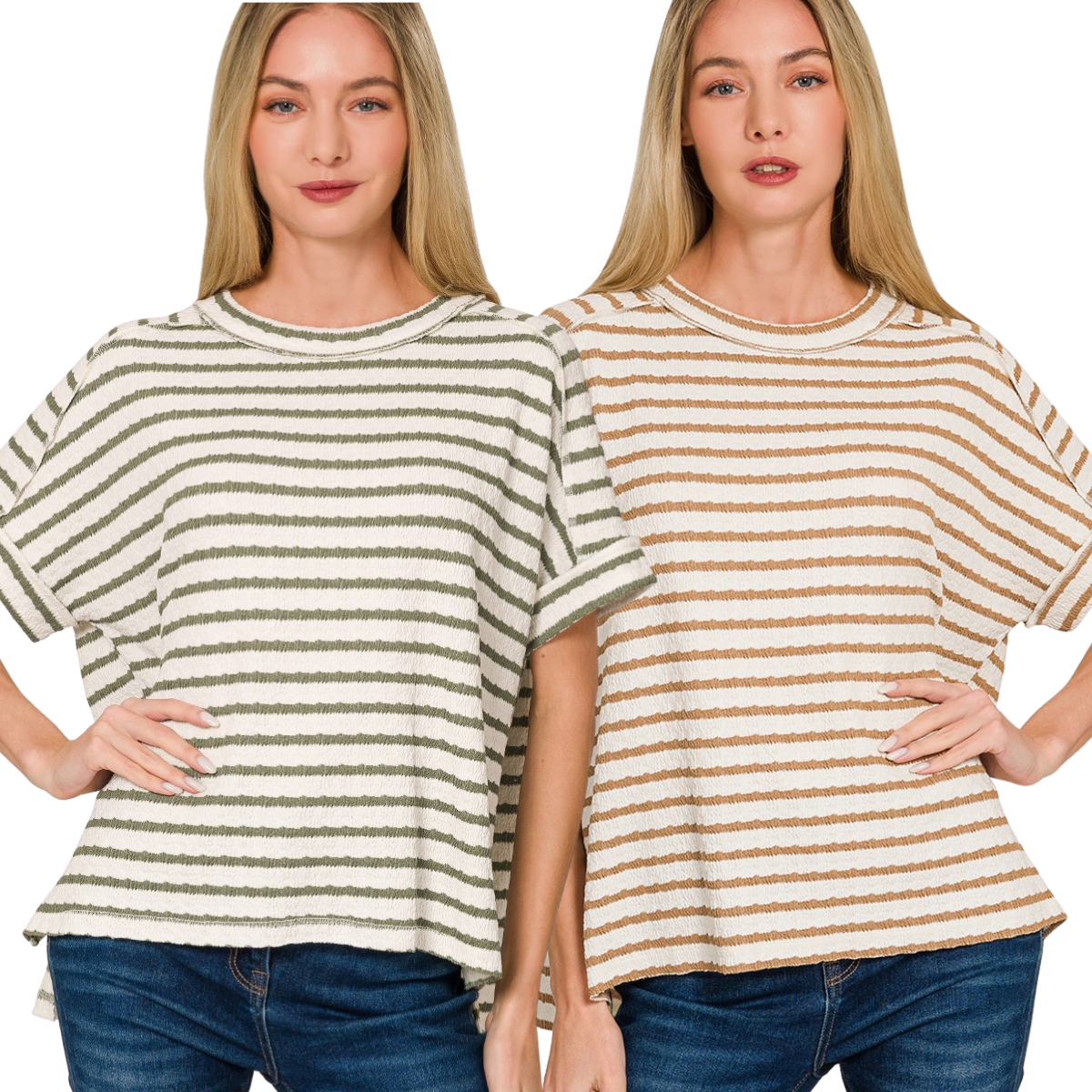 Two women wear Zenana's Stripe Jacquard Round-neck Box Tee—one in green/white, the other in brown/white—with blue jeans, standing against a white background. Main image