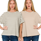 Two women wear Zenana's Stripe Jacquard Round-neck Box Tee—one in green/white, the other in brown/white—with blue jeans, standing against a white background.