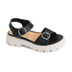 The That's Just Me Platform Sandal in Black by CORKY'S FOOTWEAR INC features a thick white sole, two adjustable buckle straps, and an open toe design for comfort and style.