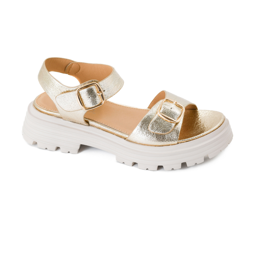 The That's Just Me Platform Sandal in Gold by CORKY'S FOOTWEAR INC features two adjustable buckles and a thick, white chunky sole for comfort and style.