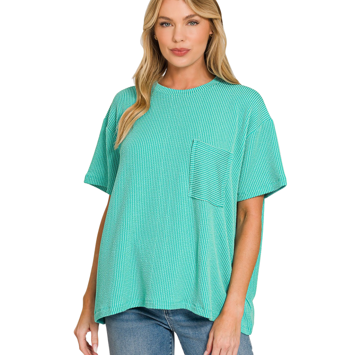 A woman wears the Zenana Raised Rib Short Sleeve Front Pocket Top in mint green with thin white stripes, paired with blue jeans, standing against a white background. Main image