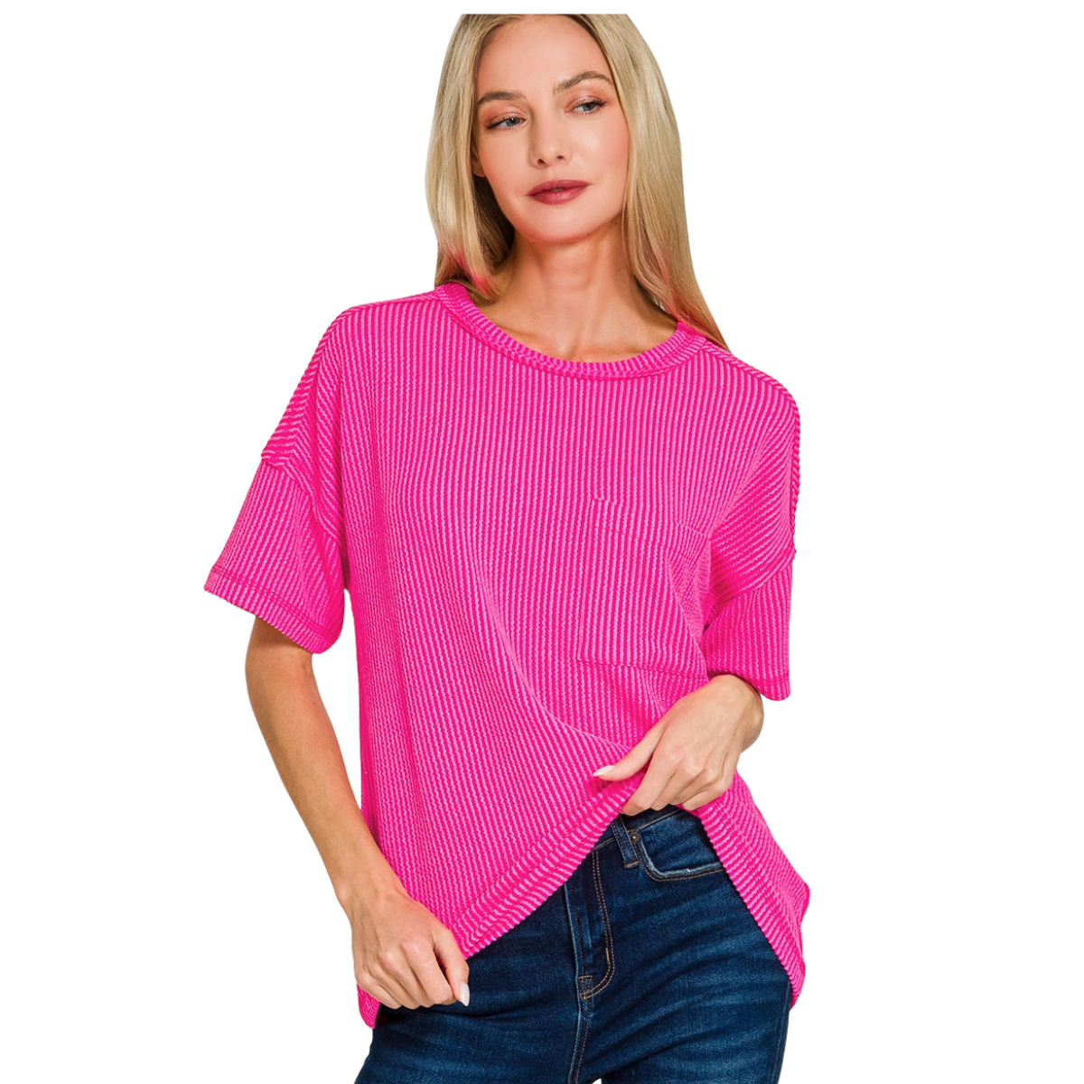 A woman models the Zenana Raised Rib Exposed Seam Short Sleeve Top in Hot Pink with dark blue jeans, standing against a white background. Main image