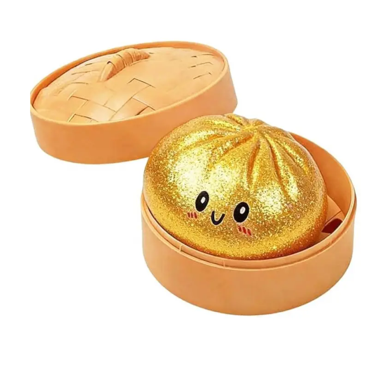 The Squishy Dumplings with Steamers by judson & Company features a golden, smiling, round squishy toy in an open bamboo steamer—ideal as a sensory stress relief toy.