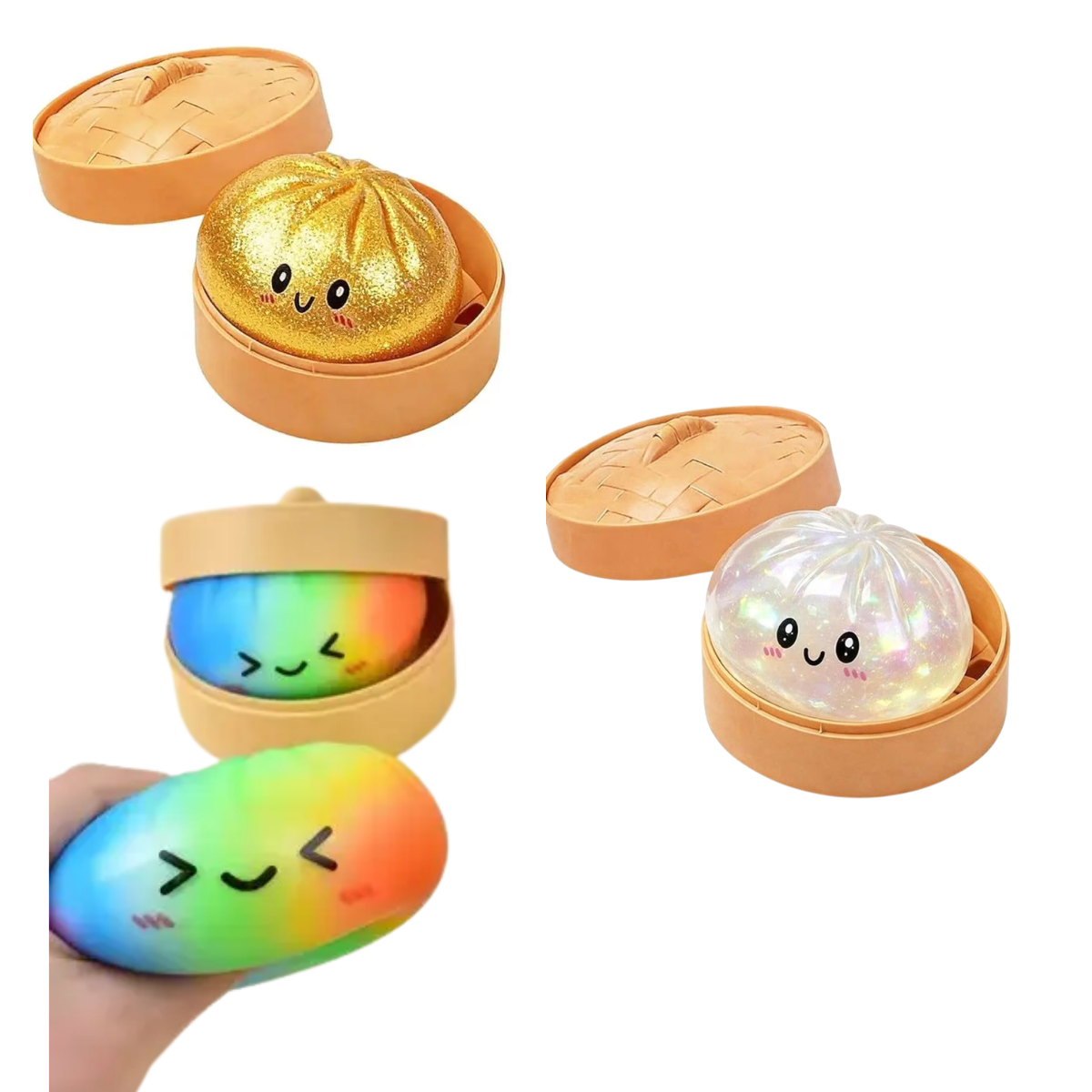 Squishy Dumplings with Steamers by judson & Company includes three dumpling-shaped sensory toys—gold, glittery clear, and rainbow—for colorful stress relief fun in bamboo steamers.