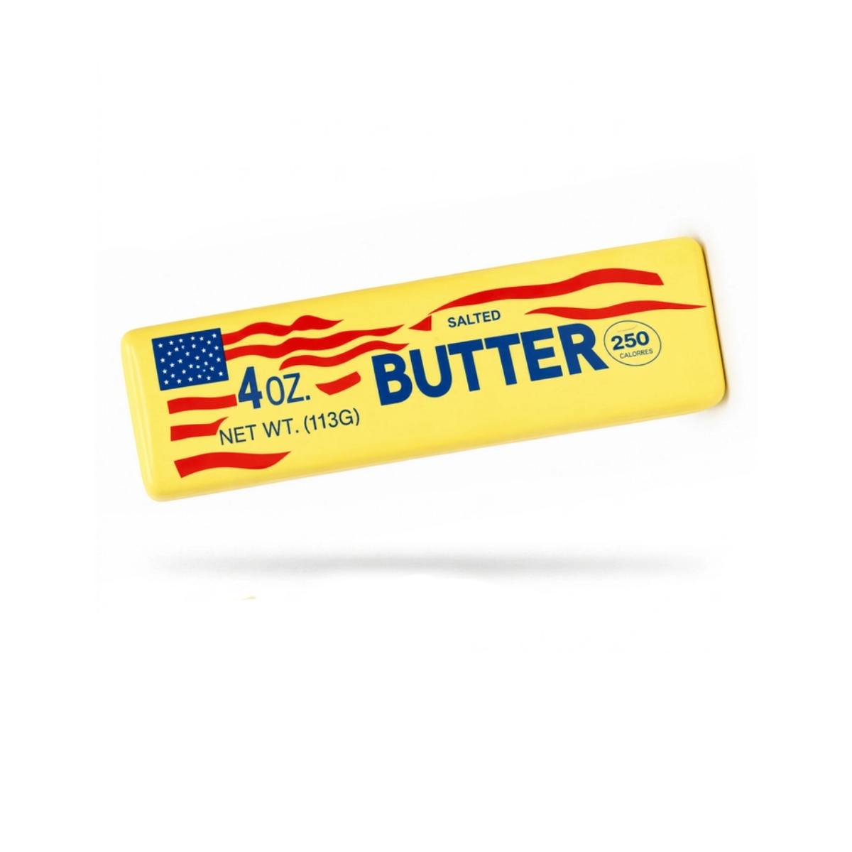 The judson & Company Americana Butter Stick Squishy, shaped like a 4-ounce salted butter stick with an American flag design and 250-calorie label, is a fun sensory toy for stress relief.