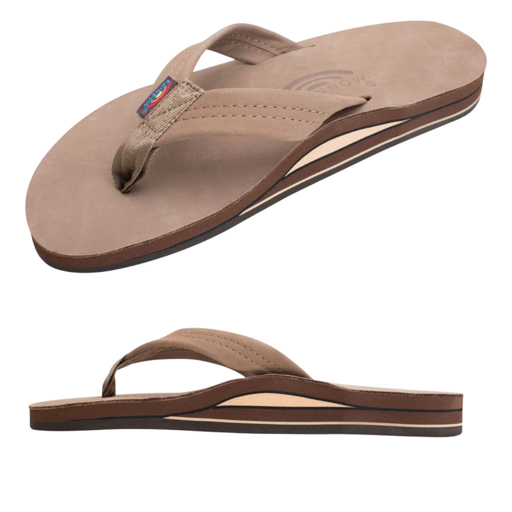 RAINBOW SANDALS Men's Rainbow Single Layer Leather Flip-flops shown in beige, with nubuck leather straps, a single-layer arch, and a layered brown sole, displayed from angled top and side views.