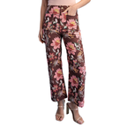 A woman wears FASHION GO Pink and Brown Floral Ankle Cropped Pants with a light pink top and beige heeled sandals.