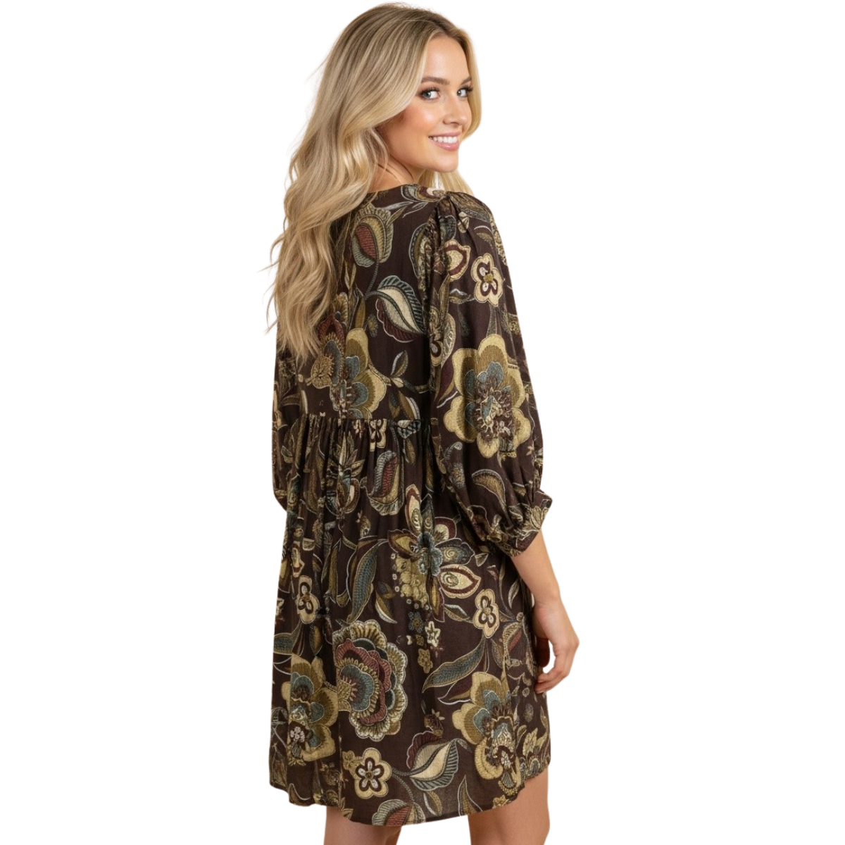 Long Sleeve Botanical Print Babydoll Mini Dress M