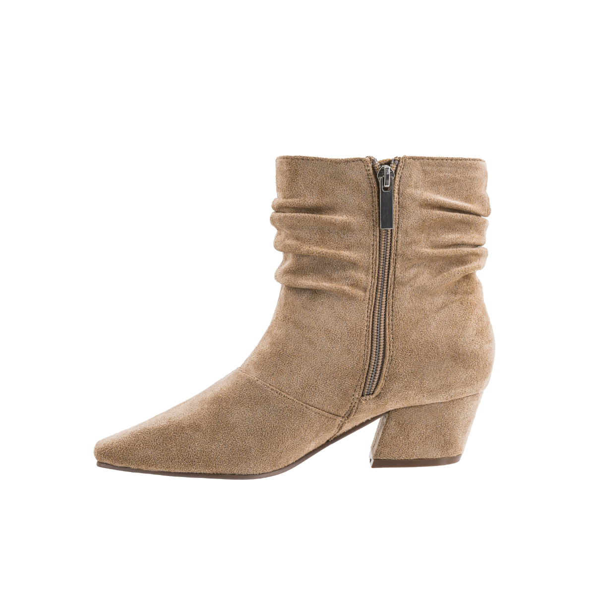 The Addicted Faux Suede Low Heel Slouch Ankle Boot by CORKY'S FOOTWEAR INC is showcased on a white background, featuring a tan faux suede finish, low block heel, slightly pointed toe, side zipper, and a stylish slouch shaft.