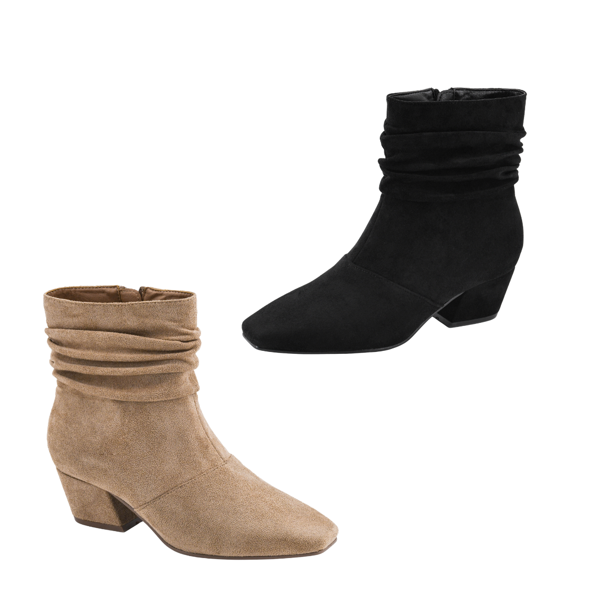 Two pairs of Addicted Faux Suede Low Heel Slouch Ankle Boots by CORKY'S FOOTWEAR INC—one in beige and one in black—both featuring a stylish slouch shaft design and convenient side zippers. Main image