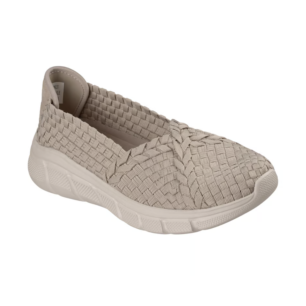 Skechers BOBS Flex Web woven elastic ballet flat in taupe with Memory Foam cushioned insole