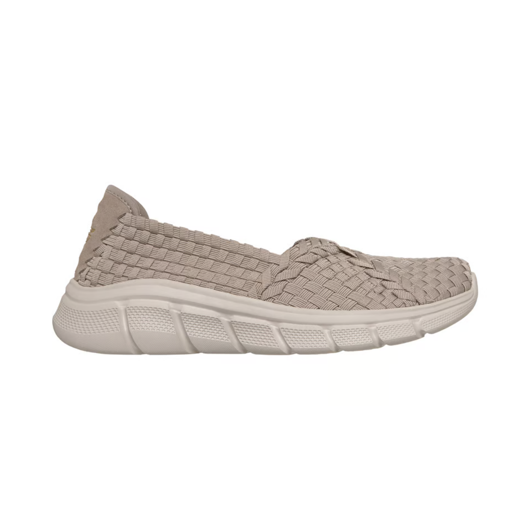 SKECHERS BOBS Sport B Flex - Flex Web - Woven Sporty Flat in beige, featuring a woven elastic flat texture, thick white sole, and a comfortable memory foam insole, displayed in a left side profile against a white background.