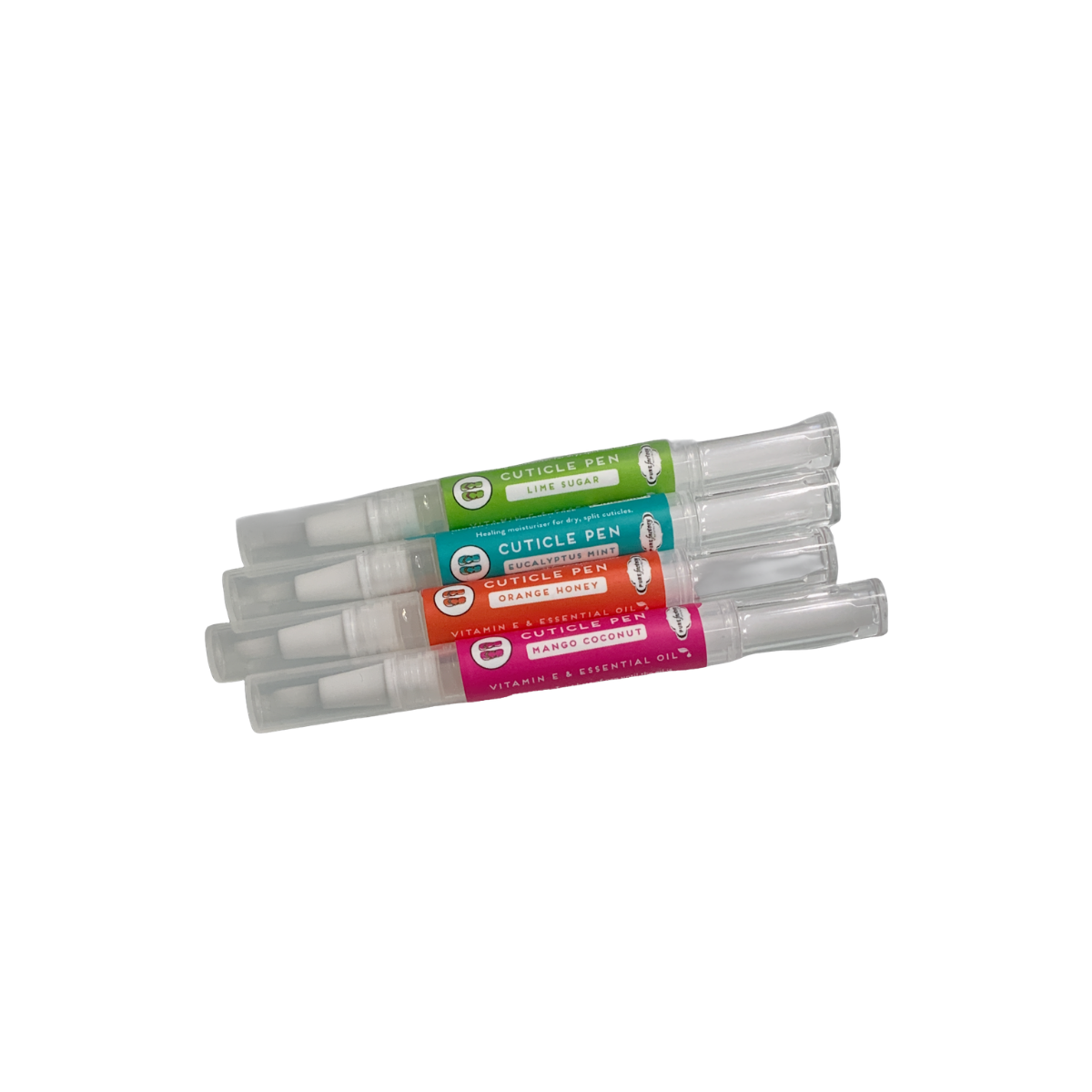 Four PUREfactory Naturals Flip Flop Cuticle Care Pens—each featuring a different fragrance and oil blend—are arranged in a row with colorful labels on a white background.