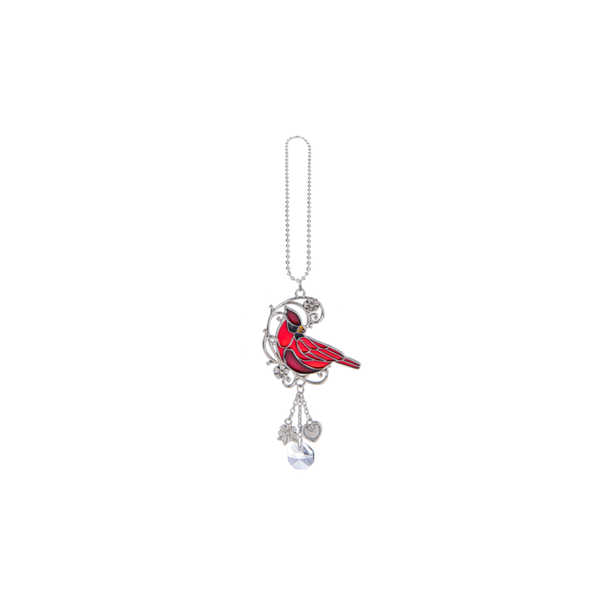 The ganz Cardinal Car Charm is a hanging ornament showcasing a vibrant red cardinal with floral accents and dangling clear and silver charms, suspended from a silver chain—a beautiful spiritual symbol often cherished as a heartfelt reminder of loved ones.