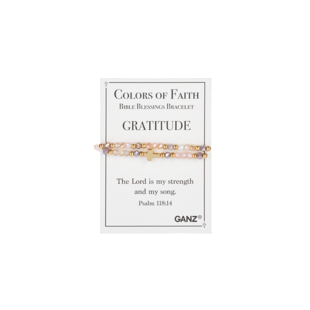 Discover the Blessing Bracelets - Assorted by Flipflops & Whatnots, featuring a beaded bracelet with a gold cross from our Bible blessings collection, beautifully displayed on a card inscribed with “GRATITUDE” and the Bible verse Psalm 118:14.