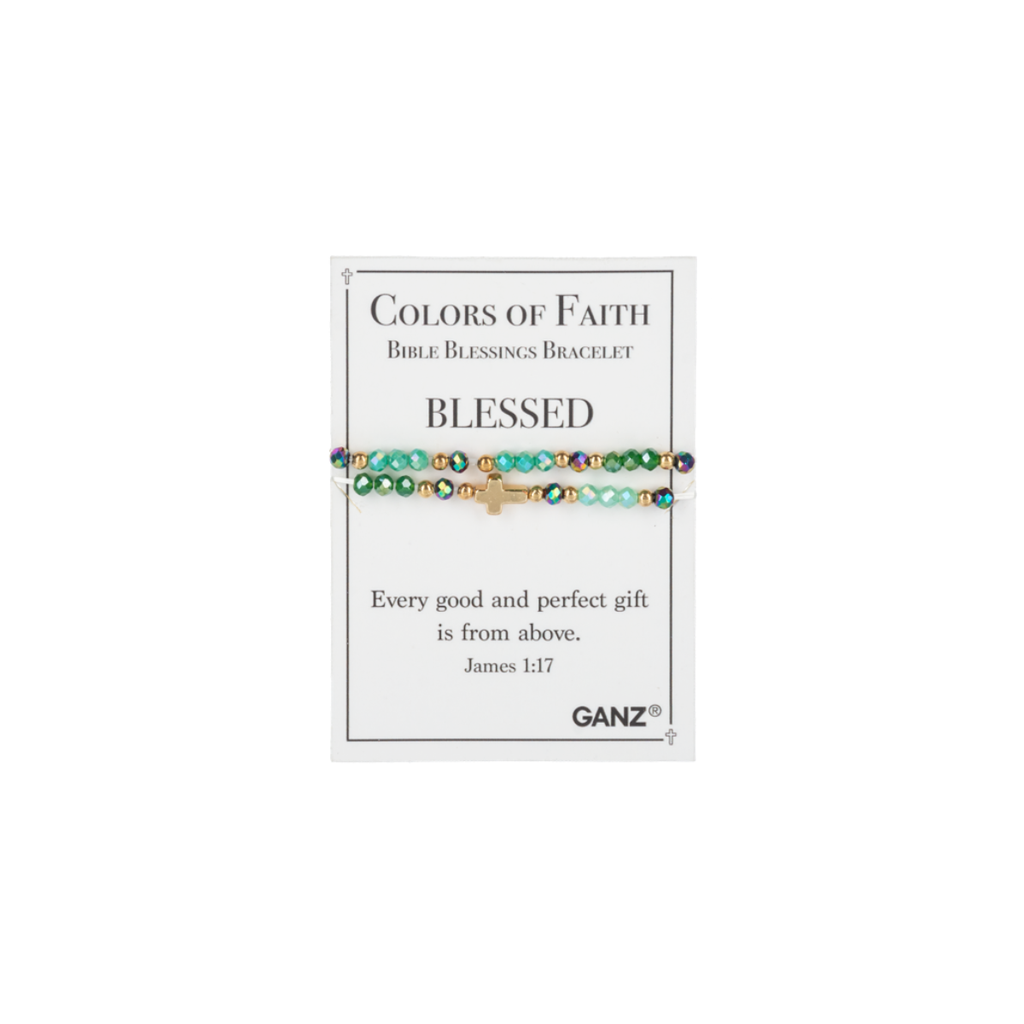 A beaded bracelet with a cross charm is displayed on a card labeled “BLESSED,” featuring a Bible verse from James 1:17. This faith jewelry piece by Flipflops & Whatnots is part of the Blessing Bracelets - Assorted collection, serving as a daily reminder of inspiration and gratitude.