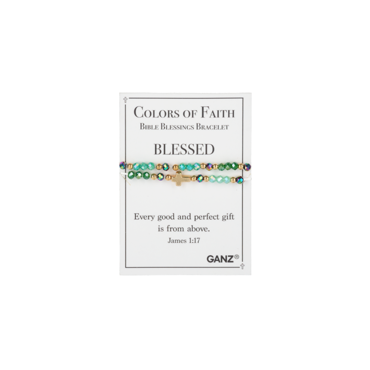 A beaded bracelet with a cross charm is displayed on a card labeled “BLESSED,” featuring a Bible verse from James 1:17. This faith jewelry piece by Flipflops & Whatnots is part of the Blessing Bracelets - Assorted collection, serving as a daily reminder of inspiration and gratitude.