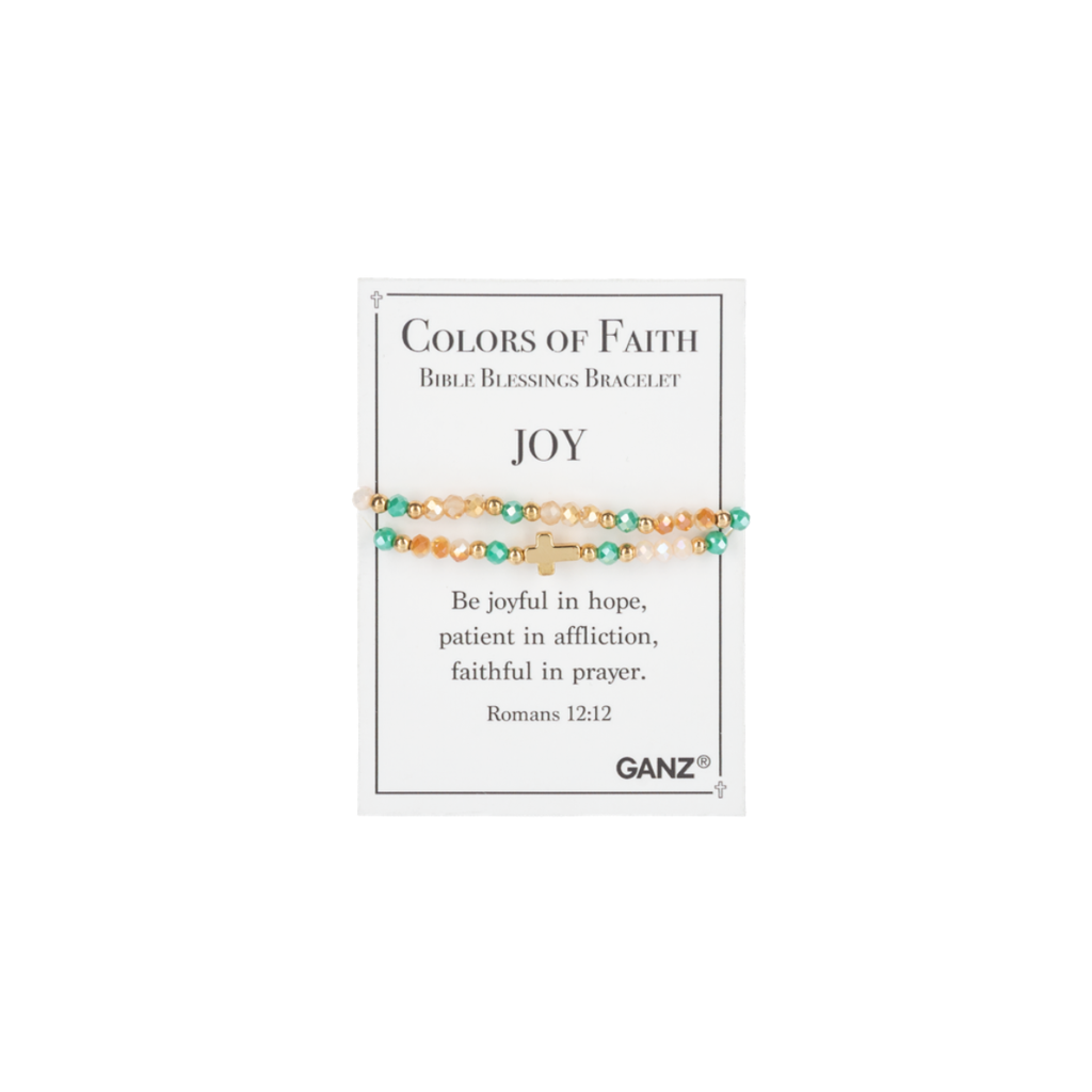 Discover the Blessing Bracelets - Assorted by Flipflops & Whatnots. This bracelet, featuring green and gold beads, comes on a card labeled “Colors of Faith: Joy” and includes a Bible verse from Romans 12:12 about hope, patience, and prayer. Part of our Colors of Faith bracelets collection, this inspiring piece of faith jewelry beautifully reminds you of Bible blessings each day.