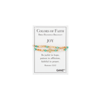 Discover the Blessing Bracelets - Assorted by Flipflops & Whatnots. This bracelet, featuring green and gold beads, comes on a card labeled “Colors of Faith: Joy” and includes a Bible verse from Romans 12:12 about hope, patience, and prayer. Part of our Colors of Faith bracelets collection, this inspiring piece of faith jewelry beautifully reminds you of Bible blessings each day.