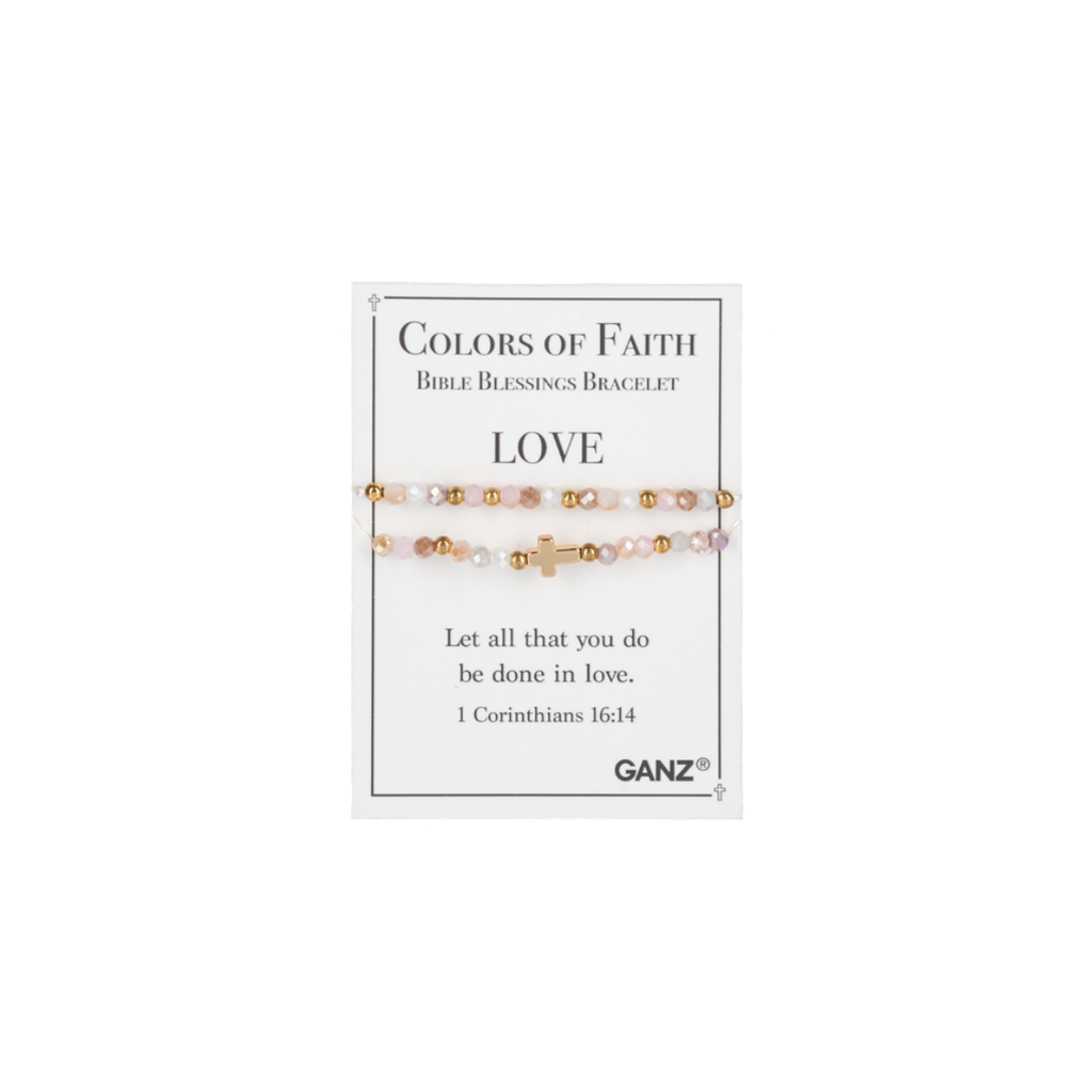 Accompanied by a “Colors of Faith” card, the Flipflops & Whatnots Blessing Bracelets - Assorted features pink, white, and gold beads with a gold cross and includes an inspiring Bible verse about love from 1 Corinthians 16:14. Part of our Colors of Faith bracelets collection, this spiritual jewelry offers a beautiful reminder of God’s love and blessings.