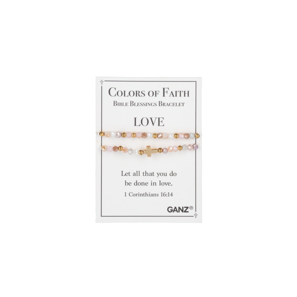 Accompanied by a “Colors of Faith” card, the Flipflops & Whatnots Blessing Bracelets - Assorted features pink, white, and gold beads with a gold cross and includes an inspiring Bible verse about love from 1 Corinthians 16:14. Part of our Colors of Faith bracelets collection, this spiritual jewelry offers a beautiful reminder of God’s love and blessings.