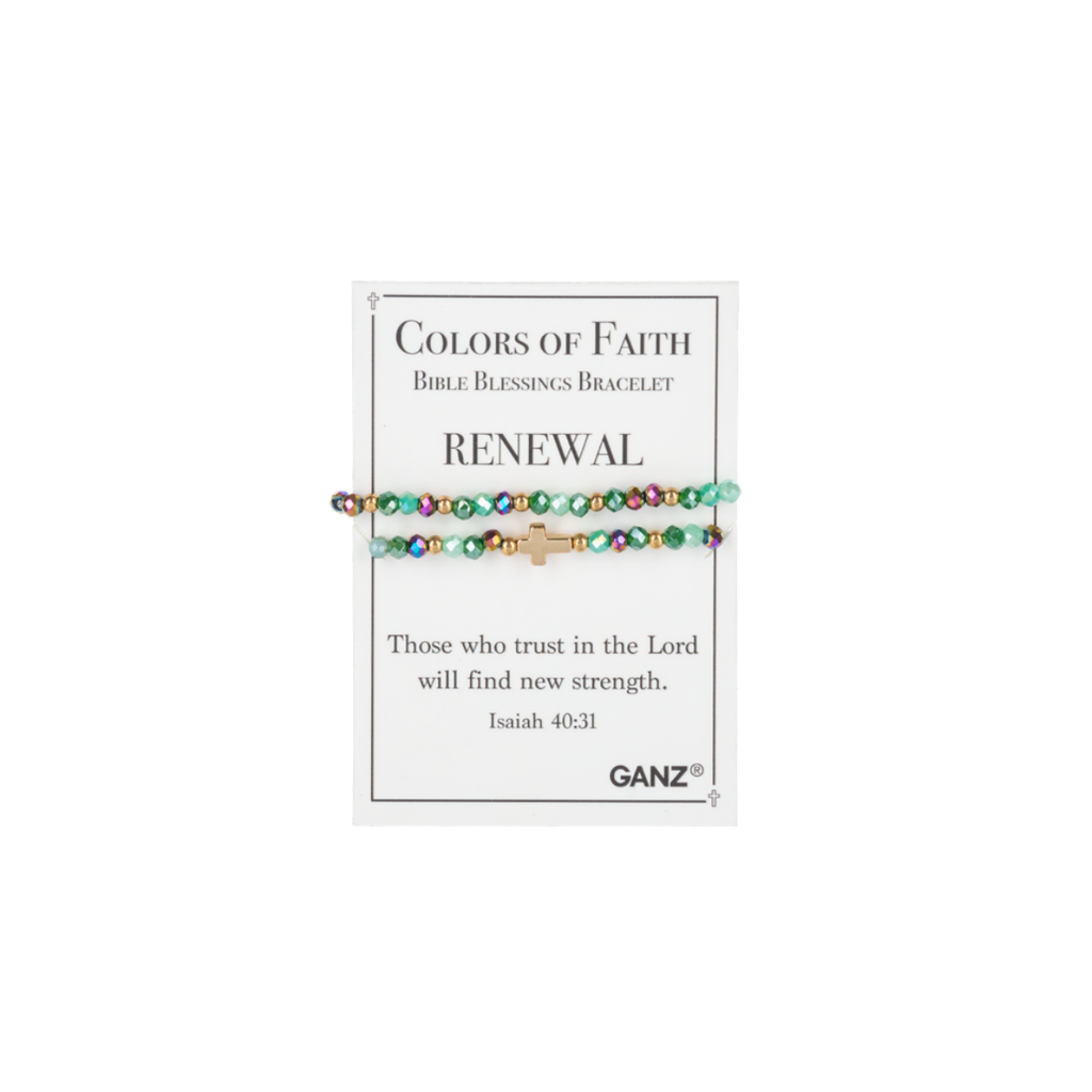 Introducing the Blessing Bracelets - Assorted by Flipflops & Whatnots—a vibrant, multicolored beaded bracelet adorned with a gold cross. Part of our Colors of Faith bracelets collection, each piece is displayed on a “Colors of Faith: Renewal” card featuring an inspiring Isaiah 40:31 Bible verse about trust and strength. This faith jewelry is designed to highlight the meaning behind every hue, creating a meaningful reminder of Bible blessings for your daily life.