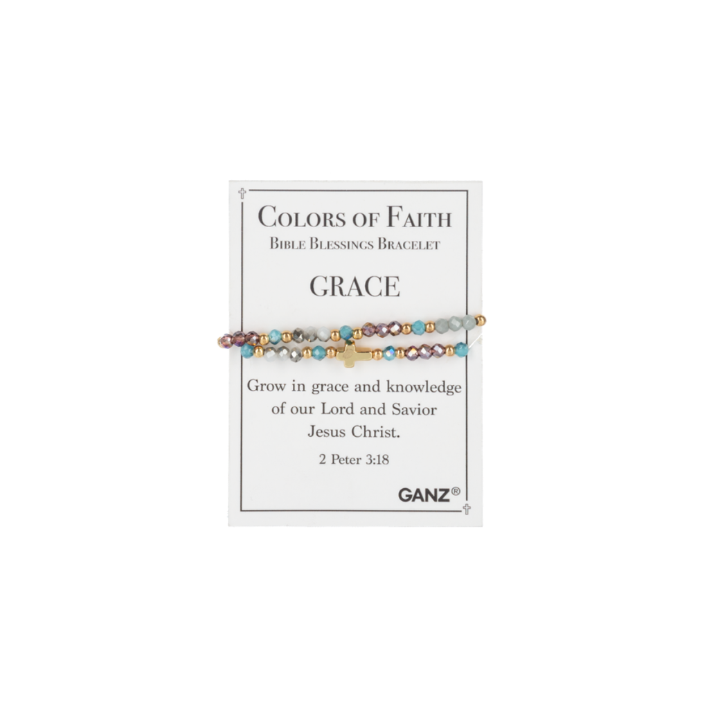 Introducing the Blessing Bracelets - Assorted by Flipflops & Whatnots—a beautiful piece from our inspiring collection. Presented on a card labeled “Colors of Faith: Grace,” this bracelet features Bible verse 2 Peter 3:18 and an encouraging message about growing in grace and knowledge of Jesus Christ. This meaningful faith jewelry serves as a daily reminder and makes a thoughtful addition to your accessories.