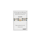 A beaded bracelet featuring a gold cross is presented on a card that reads “Colors of Faith Bible Blessings Bracelet HOPE,” with an inspiring Bible verse and the Flipflops & Whatnots brand name at the bottom, making it a beautiful addition to any faith jewelry collection or selection of Colors of Faith bracelets from the Blessing Bracelets - Assorted line.